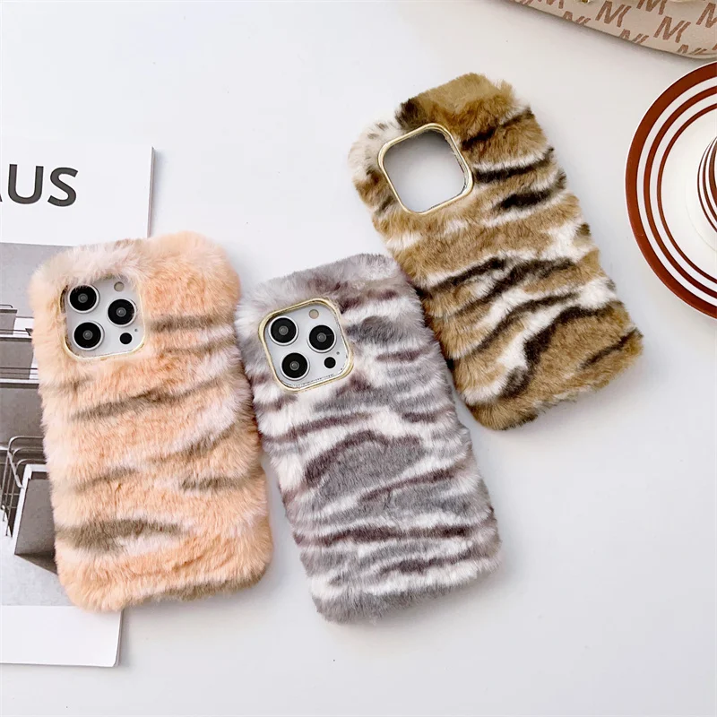 Fashion Leopard Tiger Pattern Furry Girl Case for iPhone 16 Pro Max 15 14 13 12 11 XS XR X 8 7 Plus Soft Warm Fluffy Cover