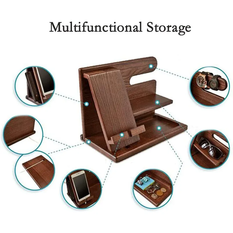 Wooden Bedside Wood Phone Docking Station Holder Wallet Stand Watch Storage Rack Multifunctional Desktop Jewelry Packaging