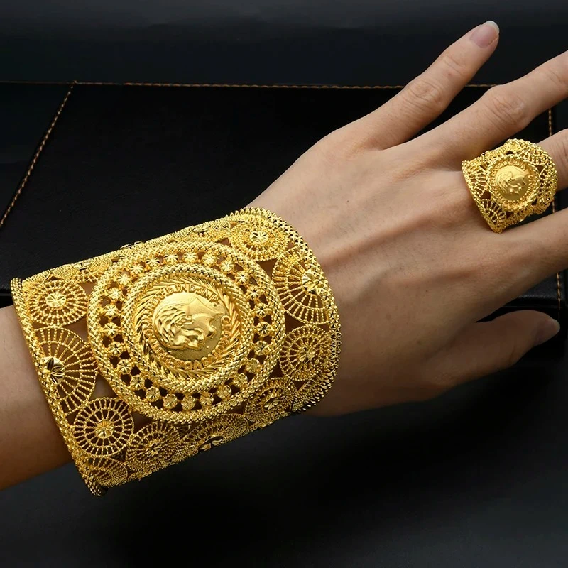 Dubai Gold Farbe Armreifen Mit Ring Für Frauen Indische Charm Armband Schmuck Arabisch Hochzeit Party Bankett Geschenke Großhandel