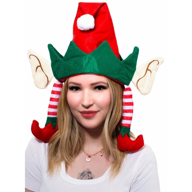 Unisex Adult Men Christmas Sante Claus Xmas Holiday Party Accessories Women Red And Green Elf Hat With Ears Legs