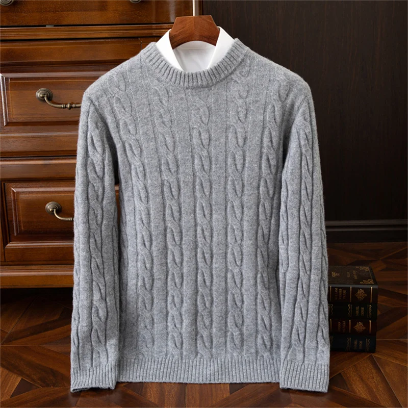 24 Autumn/Winter New Arrivals 100% Pure Cashmere Sweater Men's Round Neck Double Strand Thickened Twisted Flower Swe Loose Warm