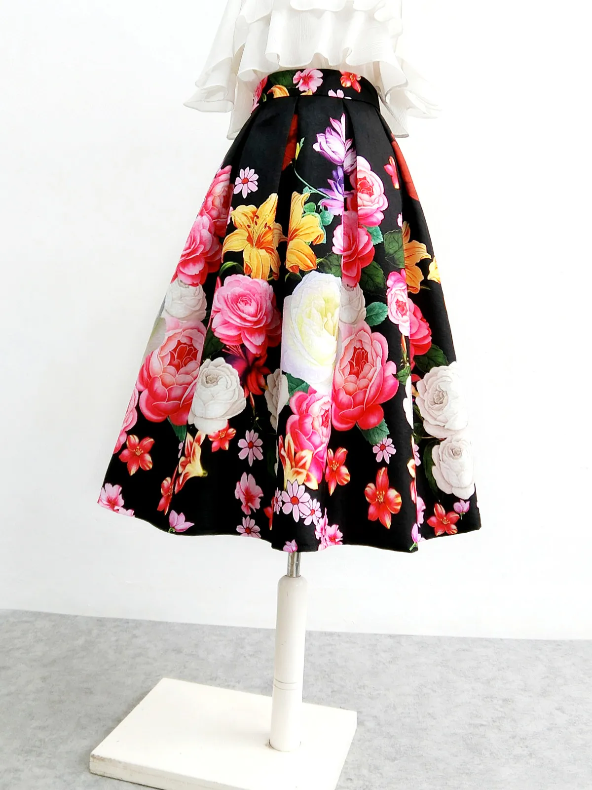 High Quality New Spring Autumn Colorful Printed Elegant Pleated Skirt All-match High Waist Mid-length Women A-line Puff Skirts