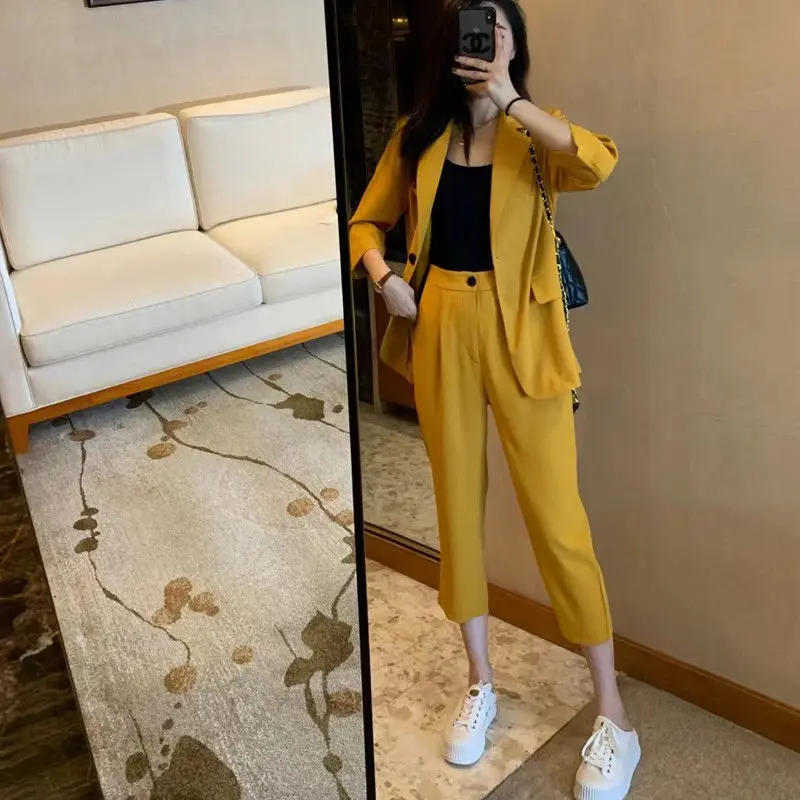 Korean Women\'s Suit 2023 Spring and Summer New Style OL Suit Coat High Waist Seven Point Pants Fashion Two-piece Suit