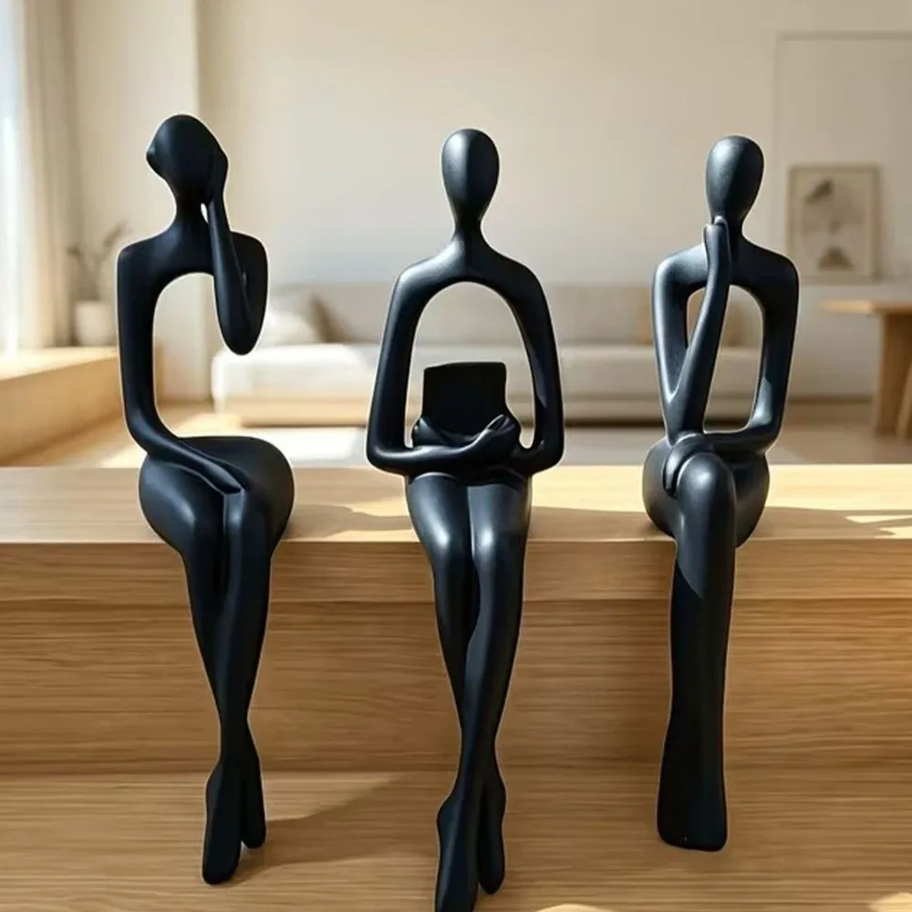 3Pcs Minimalist Abstract Sitting Human Sculpture Set 3D Printed Long Leg Thinking Figurine Edge Sitter Decor Handmade Plastic