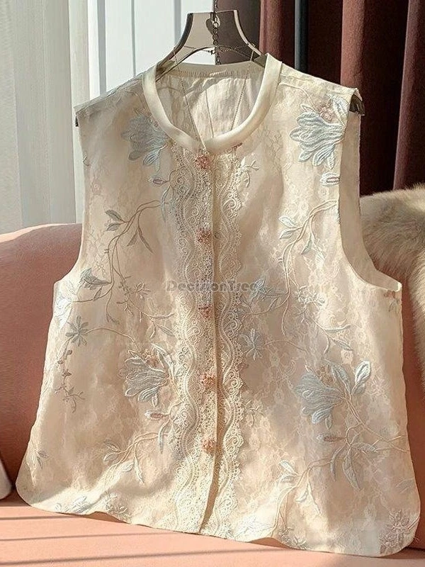 

2025 new fashion chinese retro style tang suit vest women elegant lace embroidery waistcoat loose casual sleeveless vest top t01