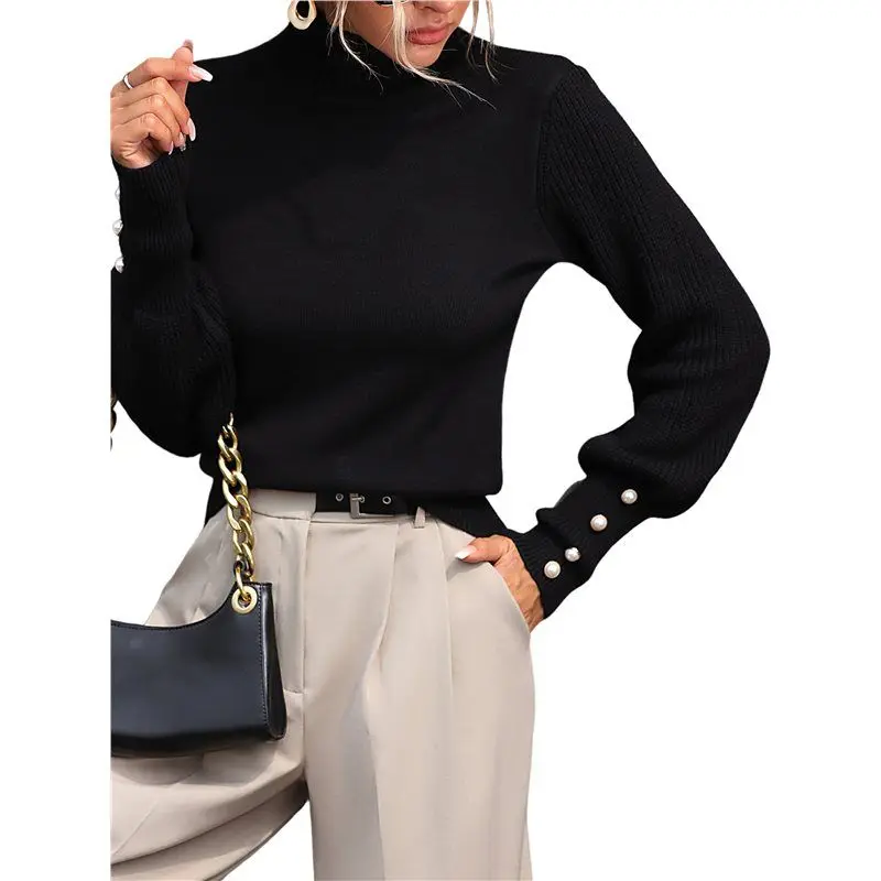 

ABRT-Women's Fall Winter High Neck Sweaters For Women Lantern Sleeve Knitted Pullover Sweater Jumper Tops Black M