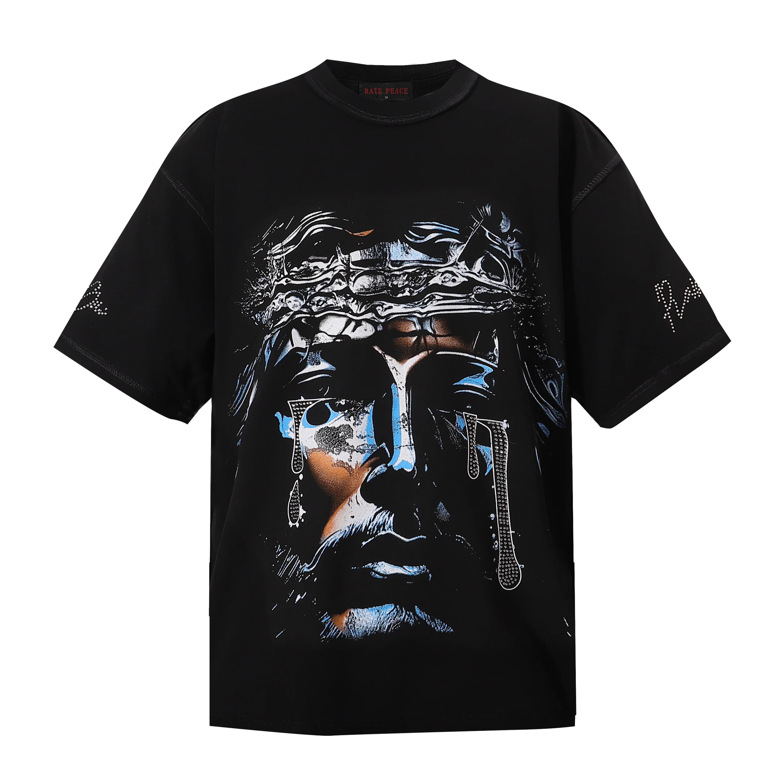 Men's Oversized T-shirt Funny Clothes Rhinestone Jesus Cry Graphic Tee Streetwear Hip Hop Y2K Casual Short Sleeve Tops Cotton