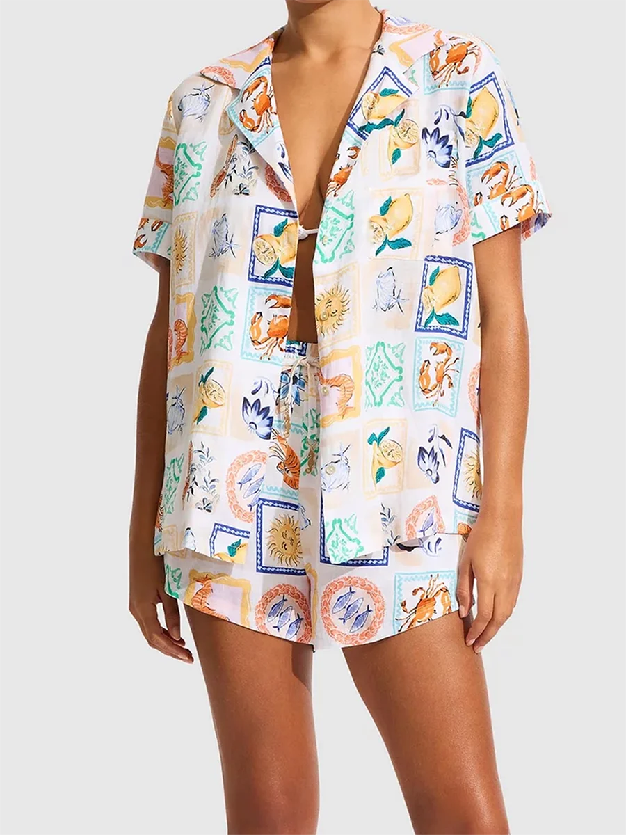 

Women’s Casual 2 Piece Outfits Short Sleeve Graphic Print Shirt + Drawstring Shorts Set Beachwear