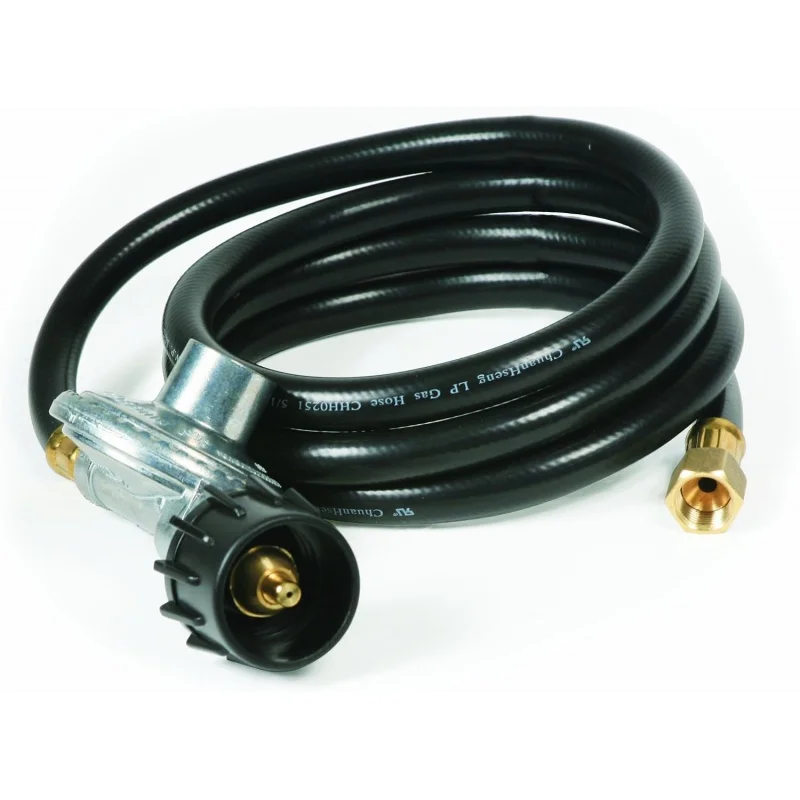 

Camper/RV Low Pressure Gas Regulator w/ 6’ Hose | Features Excess Flow & Thermal Protection | Type-1 Acme Connection(57703)