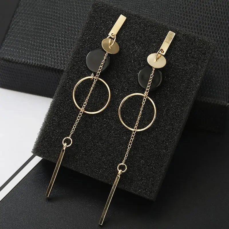 Black Round Hanging Earrings for Women Gold Color Link Tassel Earrings Bohemian Dangle Earrings Korean Fashion Ear Jewelry