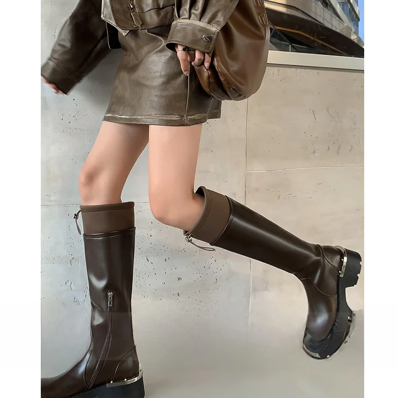

FairyWink High Top Knight Boots Women's Thick Heel Buckle Mouth Short Boots Casual Metal Waterproof Platform round Toe Boots