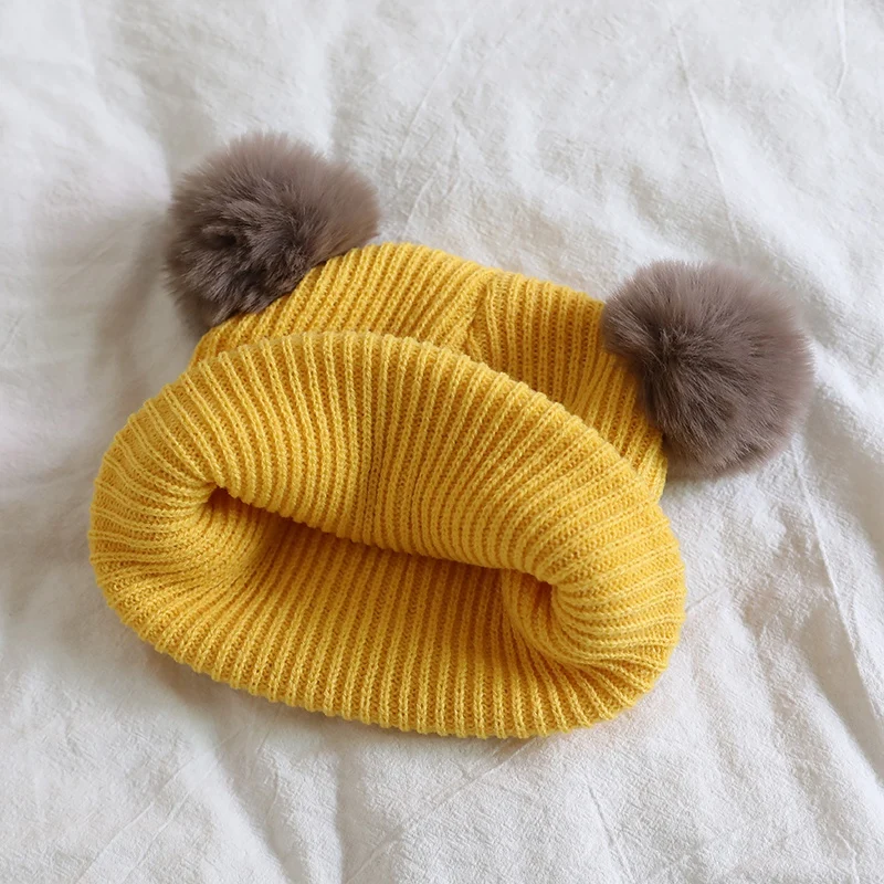 Winter Autum Children Baby Warm Knitted Hat With Pom Cute Bear Pattern Knit Beanie Cap for Infant Newborn Boys Girls Accessories