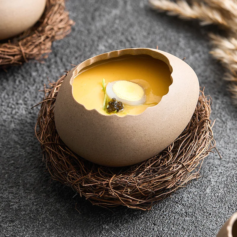 Eggshell Modeling Steamed Egg Bowl Dessert Bowl Ostrich Egg-shaped Ceramic Yogurt Bowl Special Restaurant Tableware