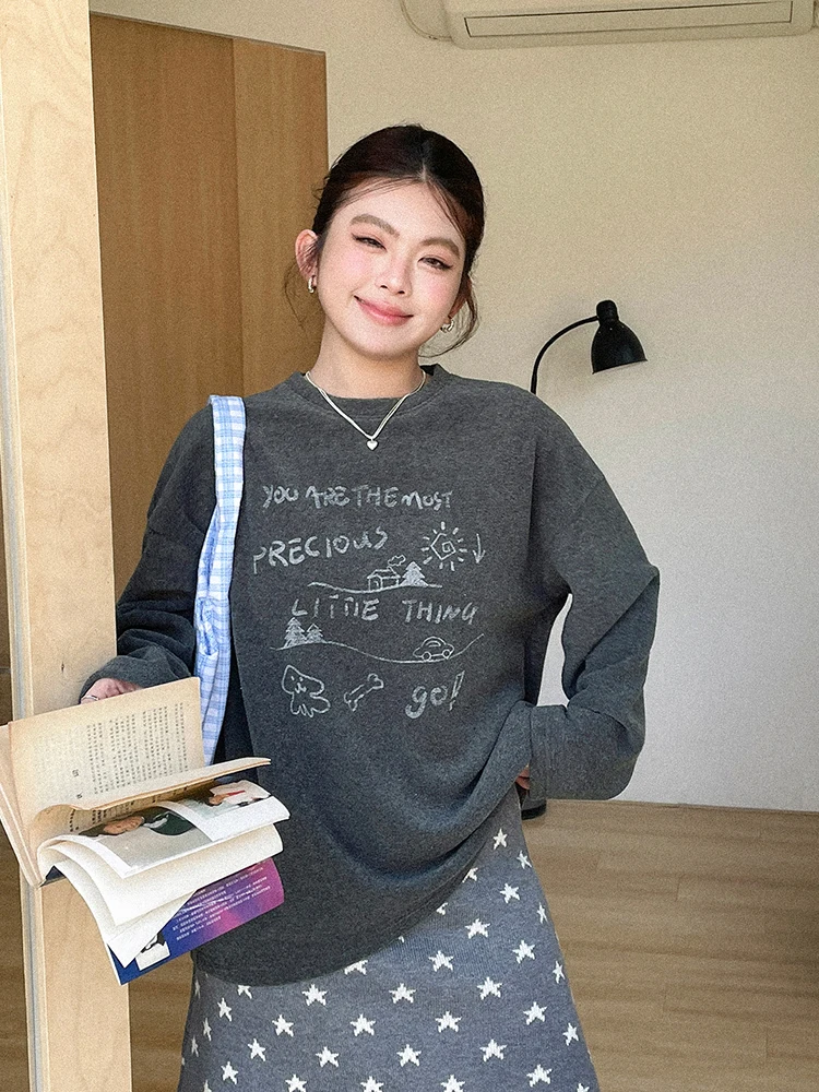 

Женская зимняя утепленная футболка больших размеров с длинным рукавом, повседневная, свободного кроя, с круглым вырезом, с буквенным принтом, для ношения как нижний или верхний слой одежды