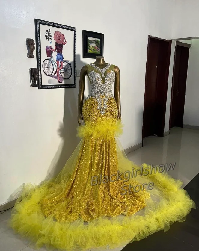 Lemon Yellow Elegant Prom Dress Black Women's Gowns Cake Skirt Lace Hem Glitter Sequins Applique Mermaid Floor Length Dresses