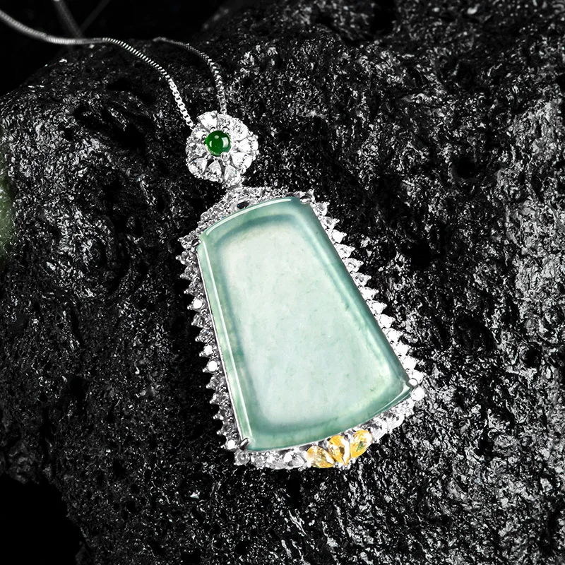 High End Natural A-grade Jadeite Blue Water No Trouble Sign S925 Silver Inlaid Ice Jade Pendant For Men's Gifts Women's Jewelry