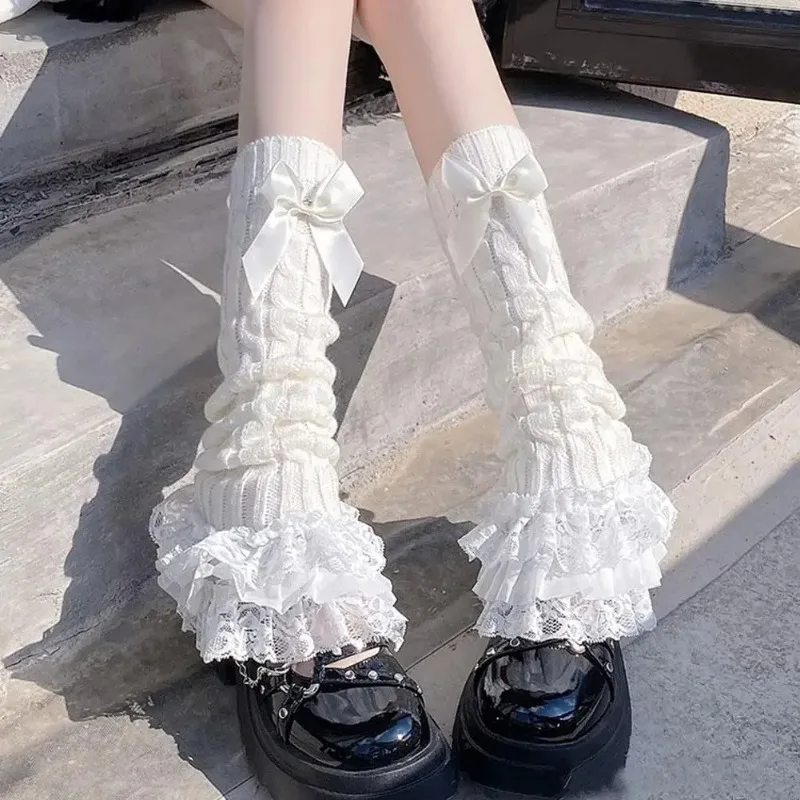 Women's Knitted Leg Warmer Bow Tiered Ruffled Socks Girl Lace Lolita Socks Japanese Calf T-shaped Lace Leg Horn Warmers Women