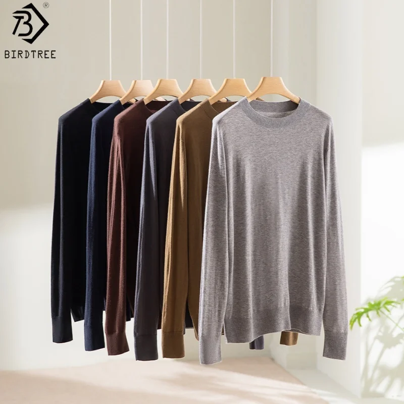 Birdtree Cashmere Silk Blend Bottoming Knitwear,Men's Solid O-neck Full Sleeve Sweater,2025 Autumn Winter Pullover T59906JF