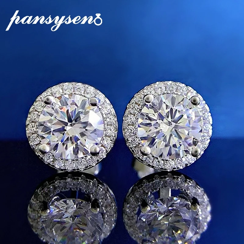 

PANSYSEN Classic 925 Sterling Silver Round Cut High Carbon Diamond Gemstone Stud Earrings for Women Men Party Fine Jewelry Gift