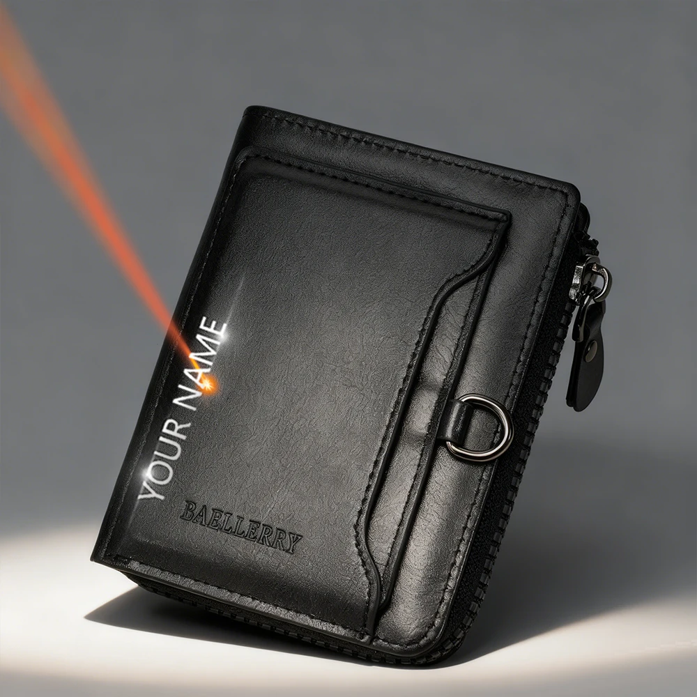 

Высококачественные мужские кошельки в стиле ретро с гравировкой имени, зажимы для карт, мужские кошельки на молнии, держатель для удостоверения личности и фото, роскошный мужской кошелек