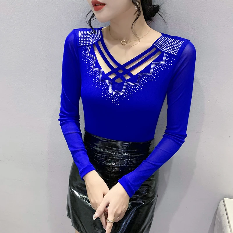 New 2024 Autumn Women's  T-Shirt Fashion Casual V-Neck Long Sleeved Hollow Out Hot Drilling Mesh Tops M-3XL Blusas