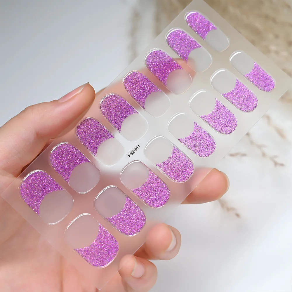 Francês Glitter Semi-Curado Gel Nail Wraps, Cobertura Completa Adesivos, Brilhante Lâmpada LED UV, Slider Roxo, De Longa Duração, 16 Dicas