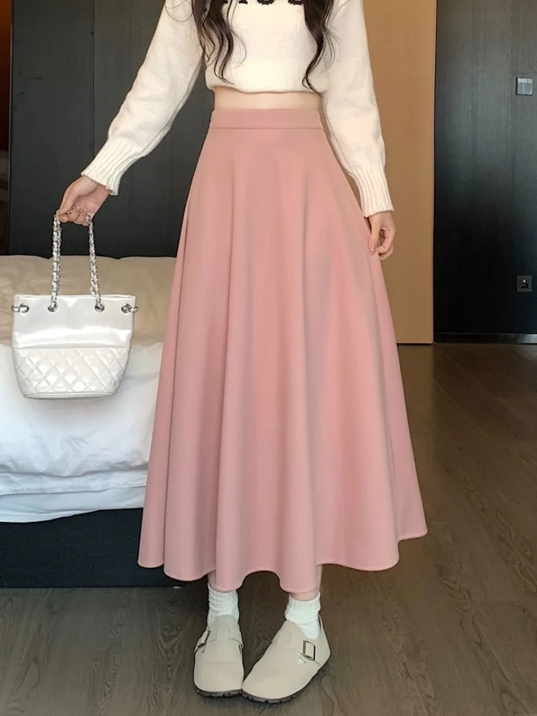 화이트 티엔드 울렌 A라인 미디 스커트 여성용 하이웨이스트 플리츠 우산 스커트 스웨터 롱 스커트 가을 겨울 패션
