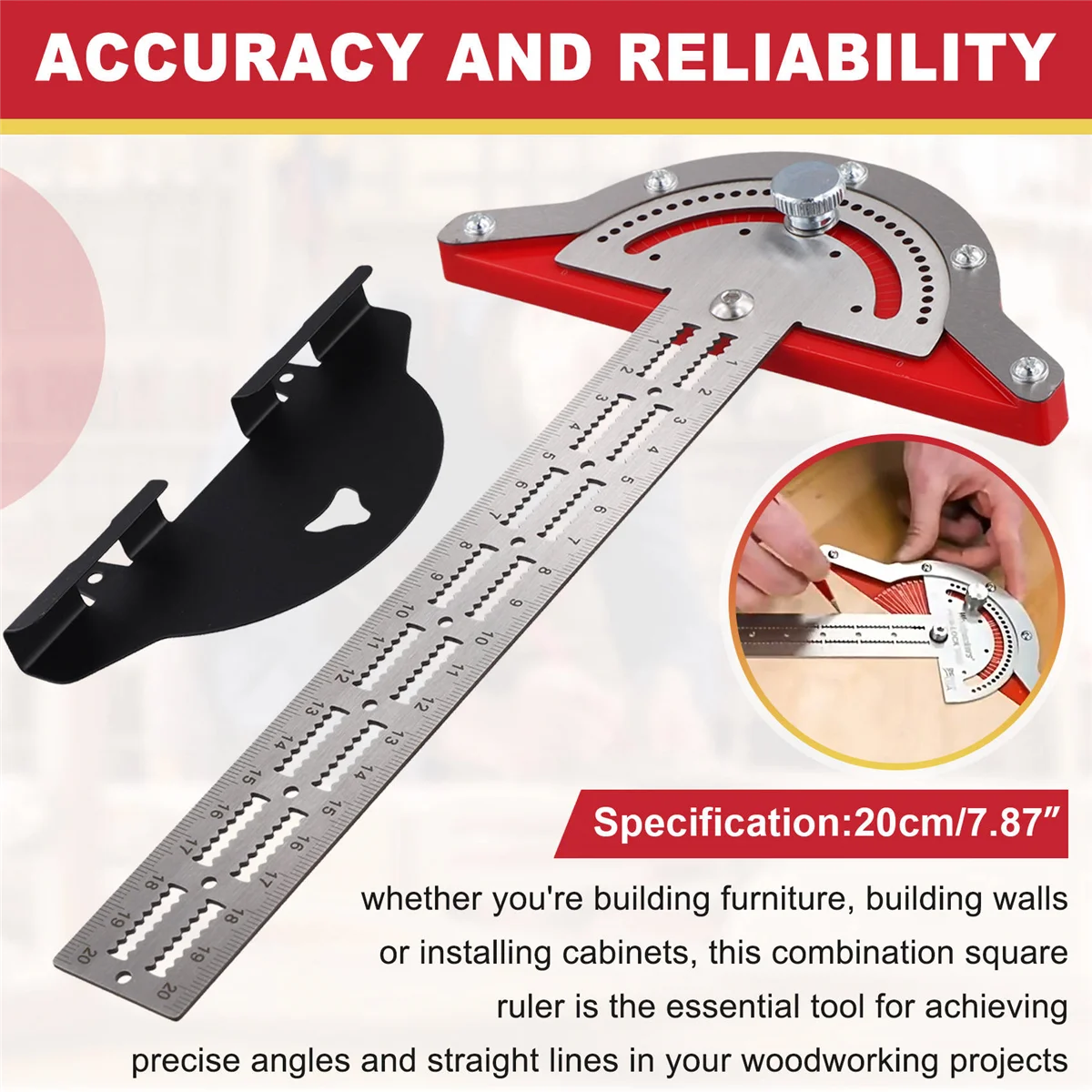 A002 Woodworkers Ruler Protractor Angle Finder Woodworking Design Ruler Protractor T Square Woodworking Scribing Tools 20cm
