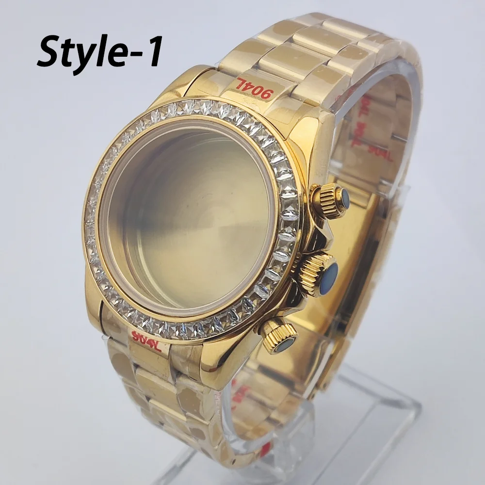 

39mm case, sapphire glass stainless steel case, suitable for VK63 movement embedded white diamond ring mouth steel strap