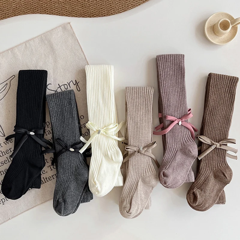 Autumn Grils Leggings Bow Knitted Baby Pantyhose For Girls Solid Color Children Bottom Toddler Kid Girl Ribbed Stockings