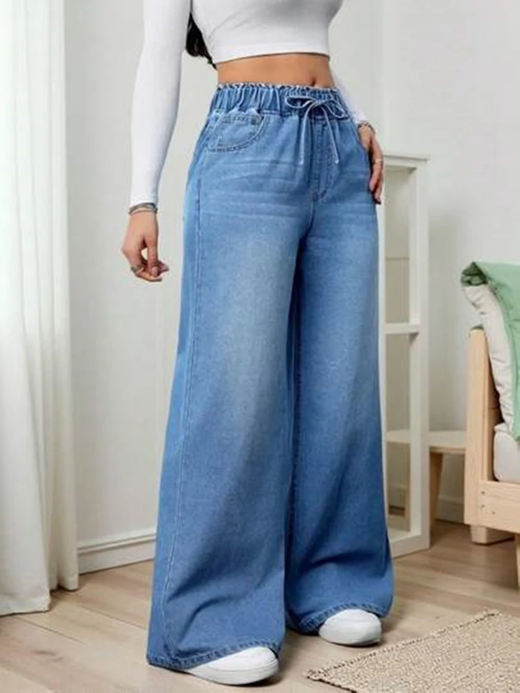 European American Trend Loose Casual High Waist Women Denim Jeans 2026 Autumn Elastic Waist Wide Leg Floor-Length Pants