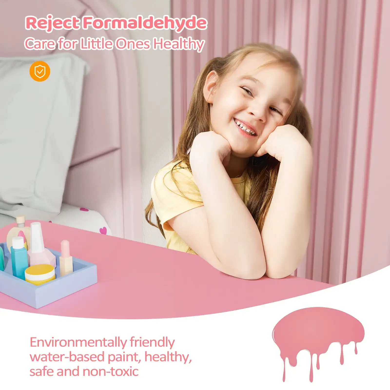 Set Rias Meja Rias dan Bangku Anak dengan Cermin & Laci, Merah Muda