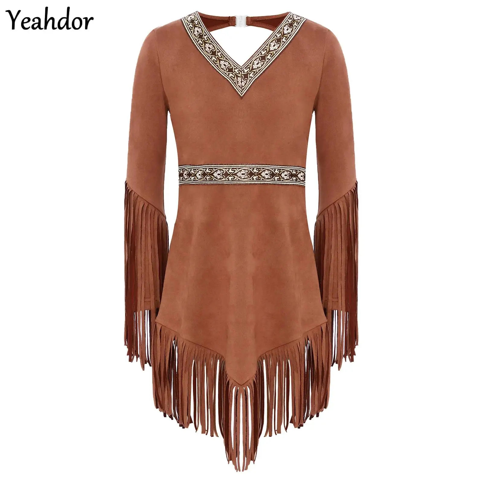 

Halloween Girls Native American Cosplay Indian Indigenous Costume Caveman Savage Long Fringe Sleeve Tassel Indian Princess Dress