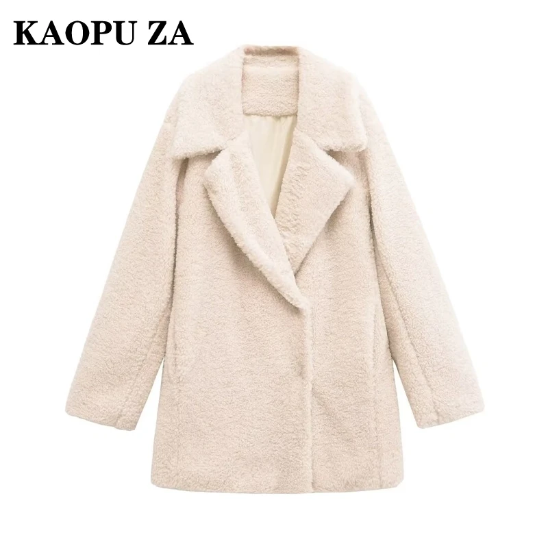 KAOPU ZA 2024 Autumn New Female Trendy Fleece Jacket Overcoat Chic Woman Long Sleeve Notched Collar Top Ruffles Thick Outerwear