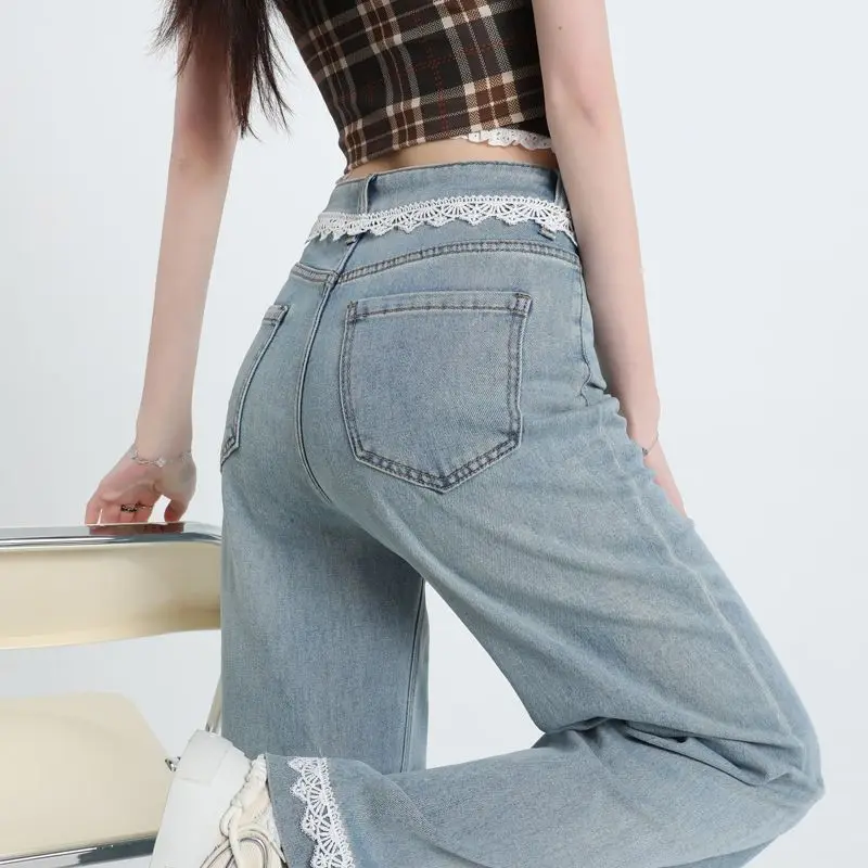 Women's Blue Lace-Edged Casual Denim Jeans Baggy Y2K American High Street 2000S Retro Style Loose Fit Trousers for Casual Wear