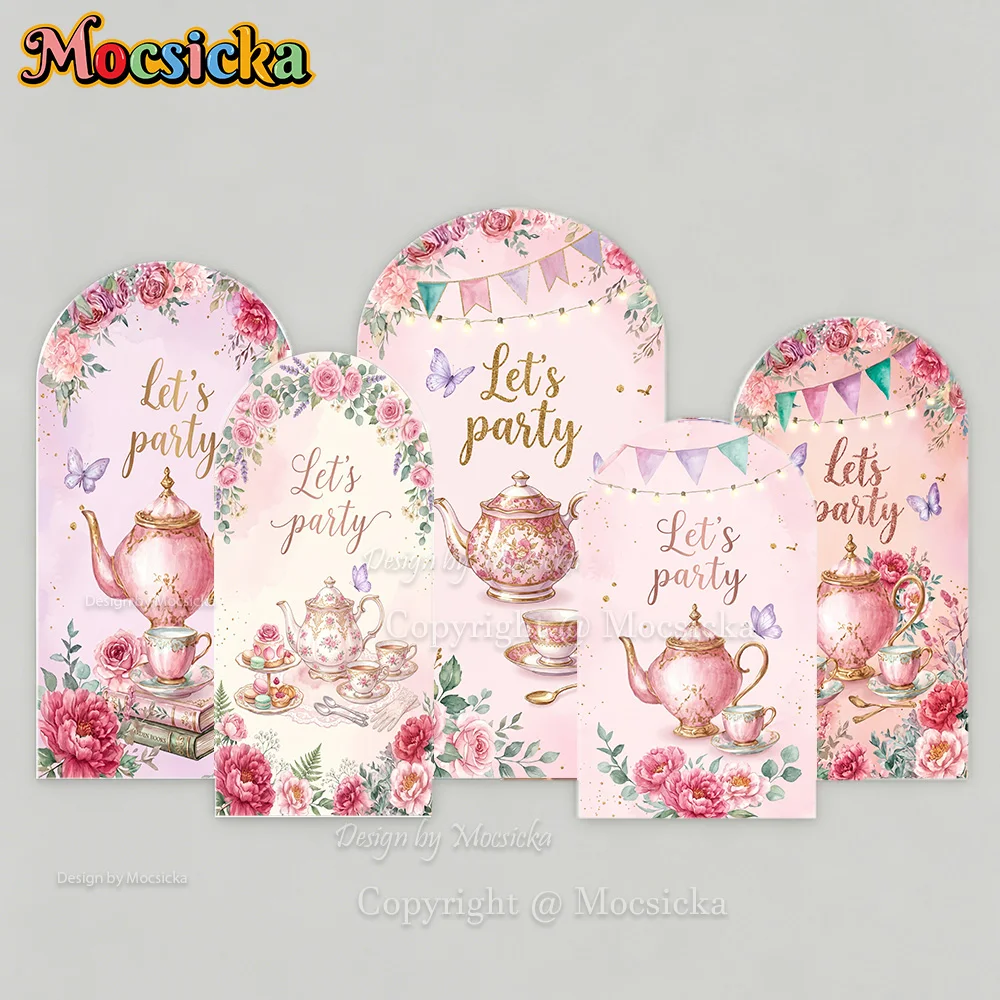 Mocsicka Custom 2-Sided Arch Cover Backdrop Pink Floral Tea Party Teapot Butterfly Background Girls Birthday Baby Show Photozone