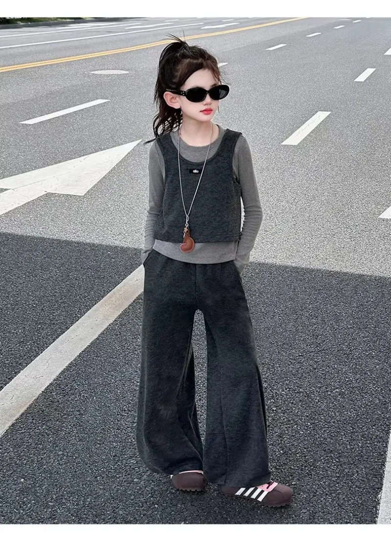 Herbst Kinder Mädchen 3-teiliges Kleidungsset UNITIM 2026 Teenager Mädchen Langarm-Weste Hosen-Outfits Junior Mädchen Weite Hosenanzüge – Detail 9