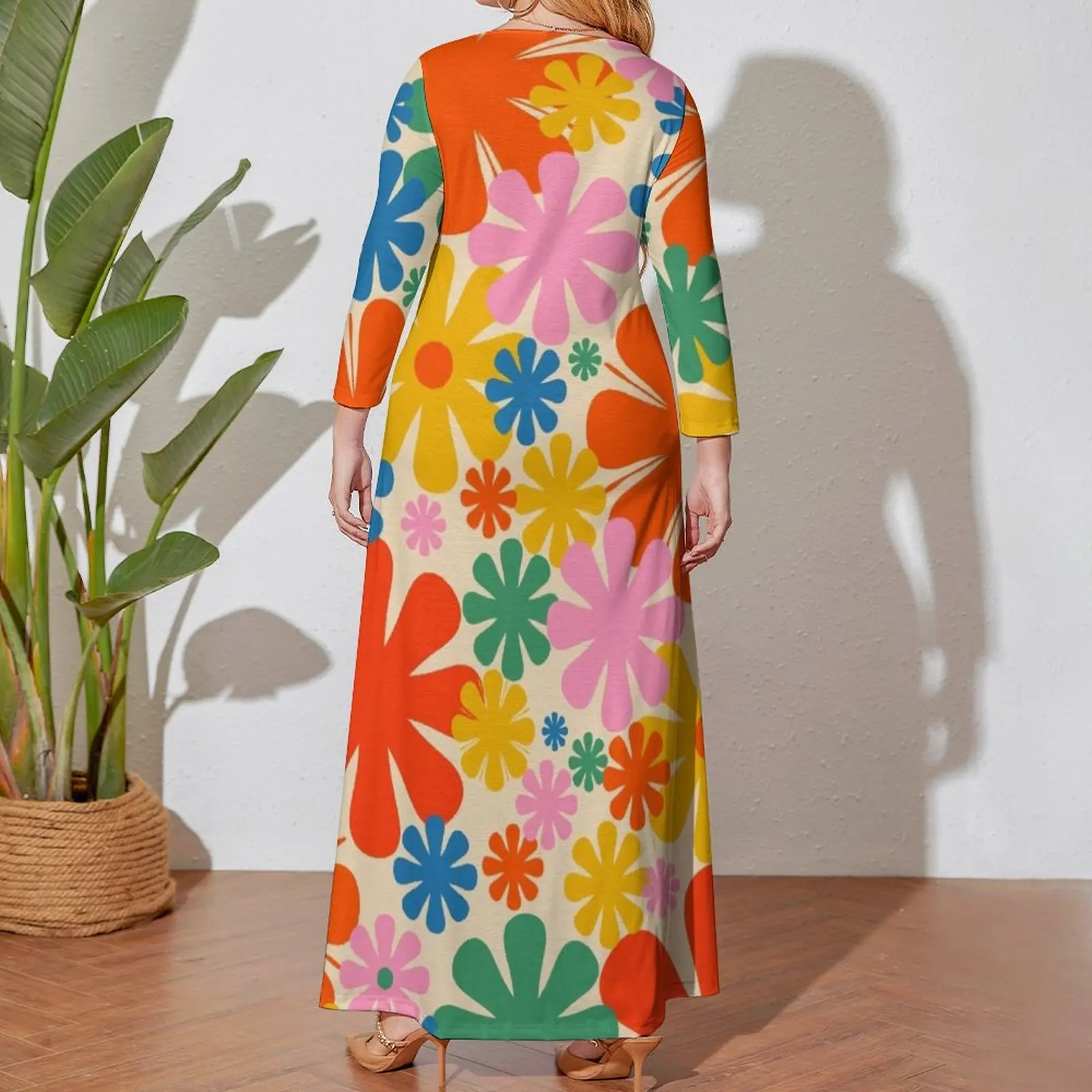 Robe de plage rétro à manches longues, motif floral esthétique, couleurs arc-en-ciel pop, jupe d'été, années 60 et 70