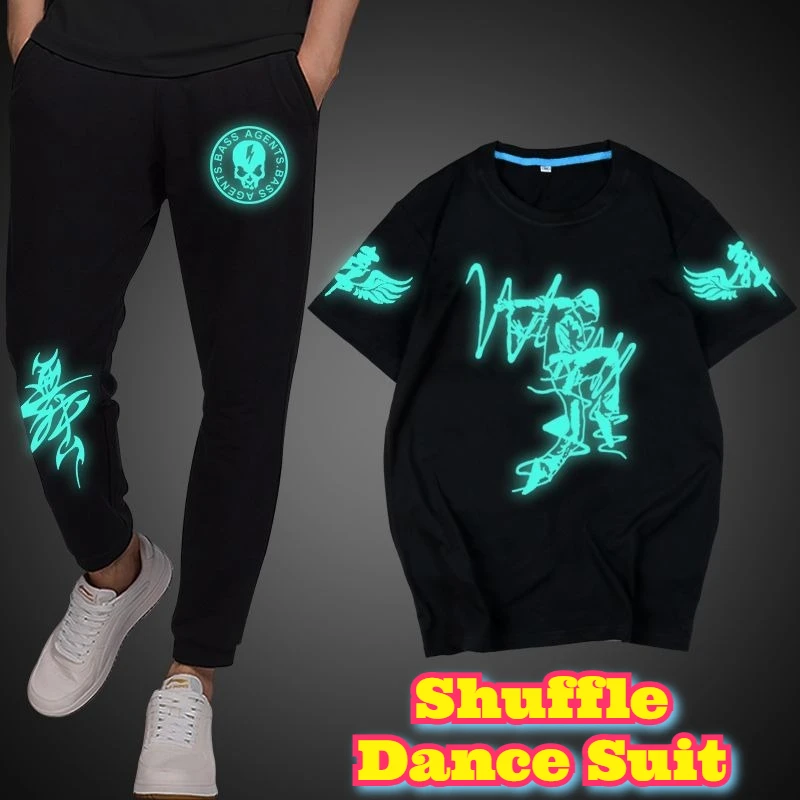شفل الرقص البدلة الرجال النساء الصيف ليلة توهج تي شيرت قصيرة الأكمام اللياقة البدنية ممارسة مجموعة مرحلة الأداء ارتداء الفلورسنت