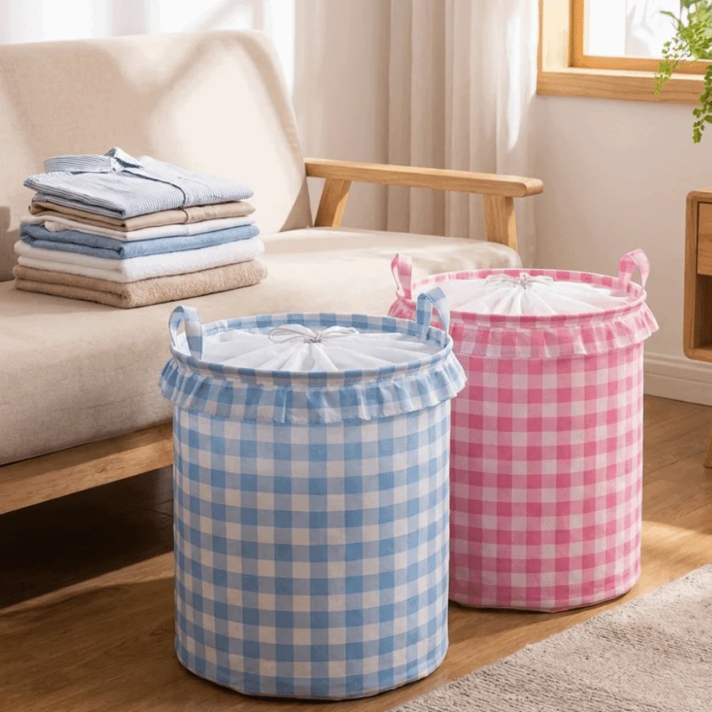 Large Capacity Ruffled Edge Laundry Basket Folding Dust-proof Drawstring Storage Basket Space Saving with Handle