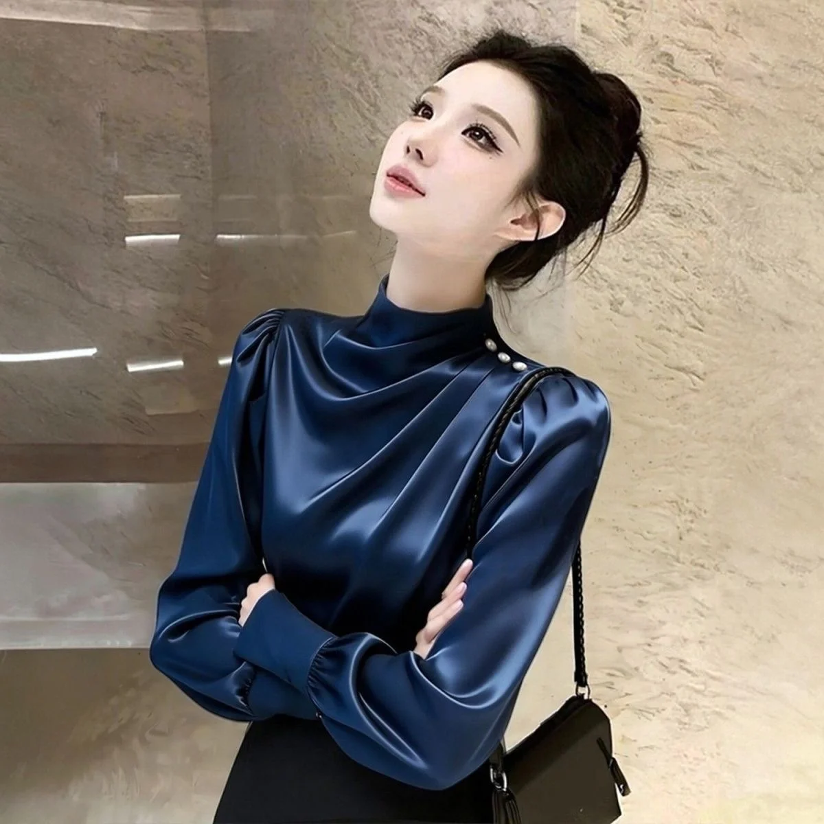 

Stunningly Beautiful Soft Rejuvenating Elegant Dark Blue Silk Shirt Spring 2026 New Arrival Women's Business Casual Fashion