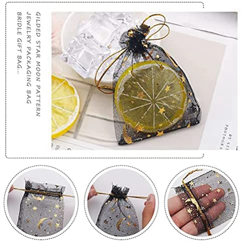 100 Pieces Moon Star Organza Jewelry Candy Bags, 2.7X3.5 Inch Sheer Organza Favor Bags Gift Pouch