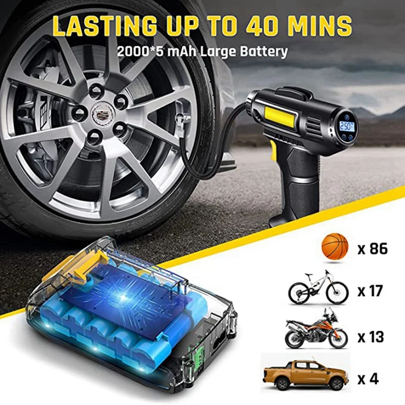 Wireless Car Tire Pump With Rechargeable Li-Ion Battery, Car Power Adapter, Digital Pressure Gauge