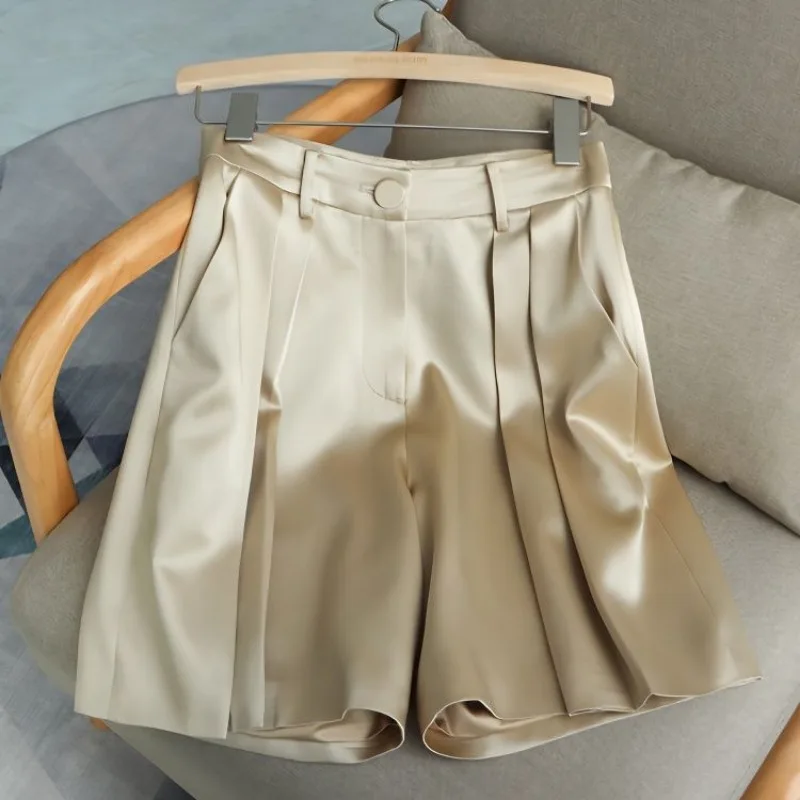 

Simplicity Office Lady Satin Suit Pants Women Fashion High Waist Appear Thin Wide Leg Trend All-match Temperament Casual Shorts