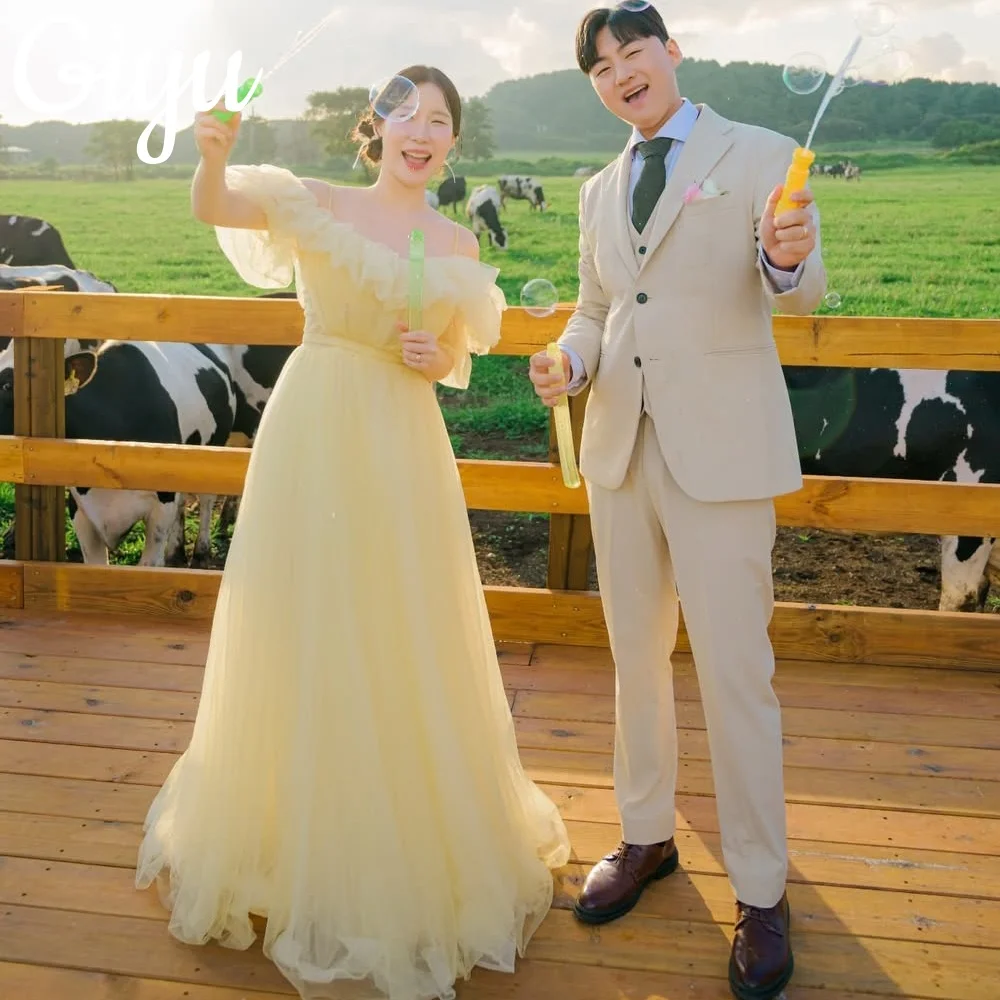 Giyu Princess Yellow A-line Wedding Party Dresses Spaghetti Strap Pleat Tulle Korea Photoshoot Customized 2025 Evening Gown New