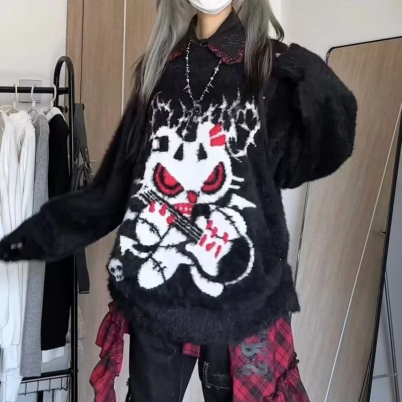 Goth Punk Y2K Women's Oversized Faux Mink Fur Sweater Devil Cat Skull Graphic Print Crew Neck Loose Fit Streetwear Daily Outfit