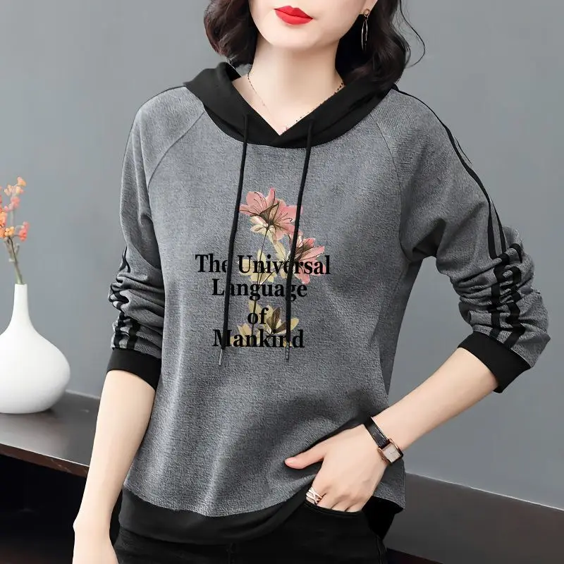 Women\'s Pullover Drawstring Patchwork Hoodies 2023 Spring and Autumn New Fashion Printed Long Sleeve Loose Casual Hooded Tops