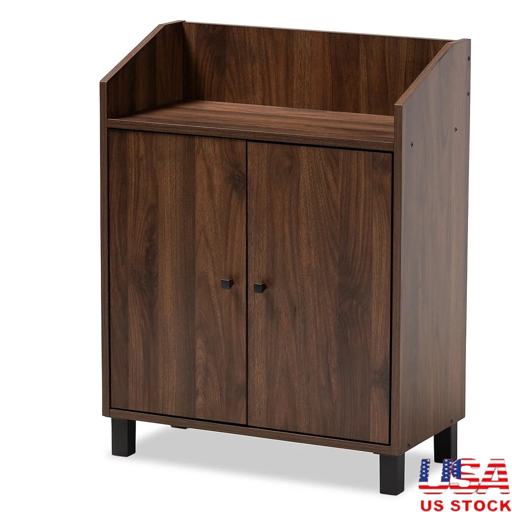 

Contemporary Walnut Brown Wood Shoe Storage Cabinet with 2 Doors Open Shelf Indoor Entryway Organizer Assembly Required