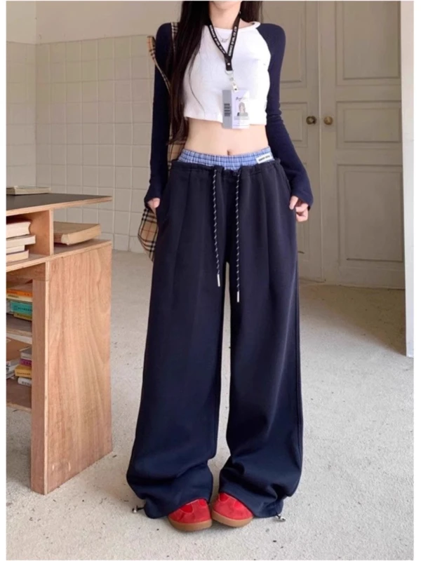 

Женские повседневные брюки больших размеров с высокой талией, в клетку, с лоскутным узором, свободные, струящиеся, широкие, в пол, осенний стиль для поездок на работу