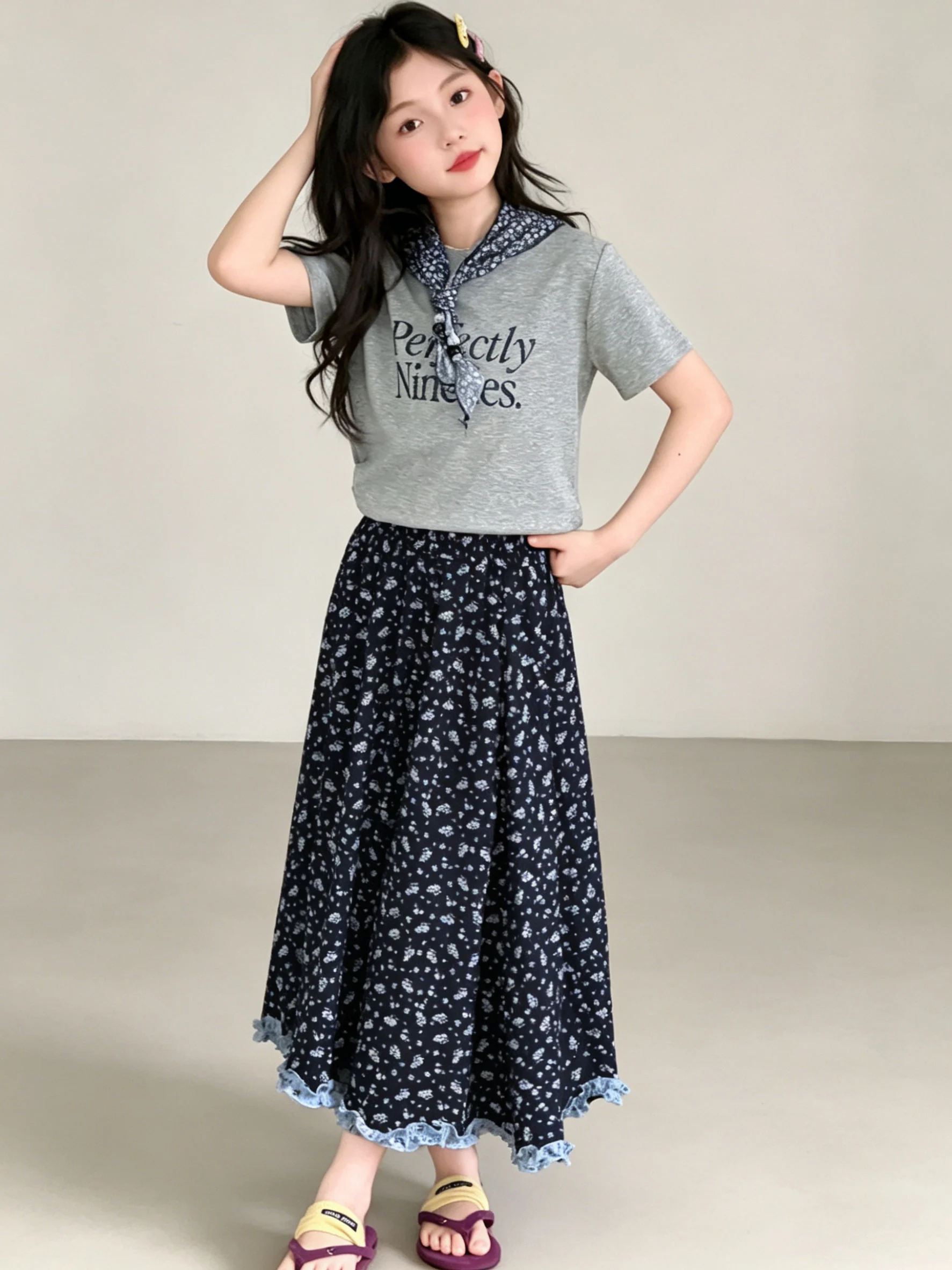summer-floral-print-short-sleeve-outfit-for-girls-cute-two-piece-set-breathable-lightweight-children's-clothing-korean-style